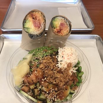 Bolicious Build Your Own Bowl - Custom Dragon Eel bowl with salmon instead of eel and fried onions added as a topping. Above is a sushi burrito. - Sushi Bars Near Me - Tulsa, Oklahoma