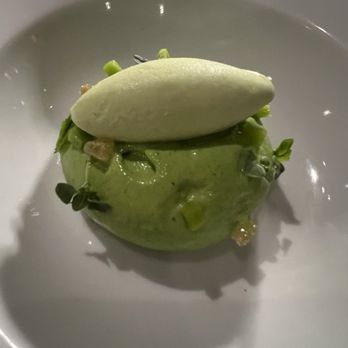 Cocina de Autor - Mame fruit palm, mame seed palm, vanilla panna cotta cube, dark chocolate  chip, chocolate ice cream, and amaranth chip - Signature Cuisine Near Me - Playa del Carmen, ROO
