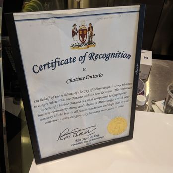 Chatime - Certificate of recognition - Bubble Tea Near Me - Mississauga, Ontario
