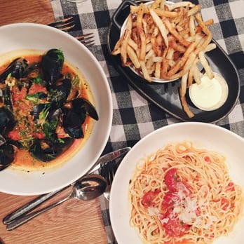 Upland - mussels & fries ($19), Spaghettini Pomodoro ($18) - New American Near Me - New York, New York Upland - mussels & fries ($19), Spaghettini Pomodoro ($18) - New American Near Me - New York, New York