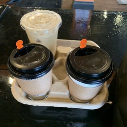 Iced coffee with cream and sugar, green tea, and gingerbread latte