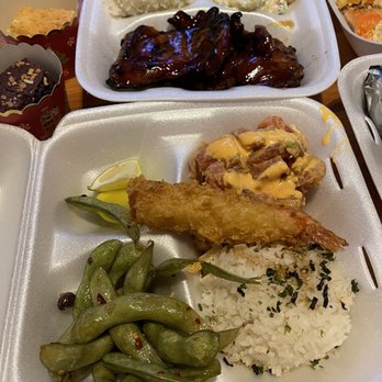Koko Cafe - BBQ chicken with Mac salad and rice  Spicy ahi/tuna with rice, edamame and shrimp tempura - Poke Near Me - Killeen, Texas