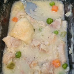 Chicken and dumplings. Biscuit was hard and this is thigh meat but imo not good thigh meat. Chicken and dumplings. Biscuit was hard and this is thigh meat but imo not good thigh meat.