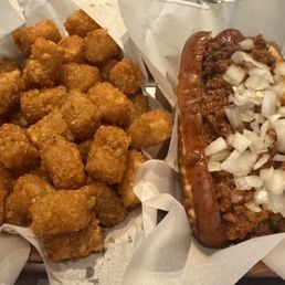 More than enough taters and a chili dog with onions on a pretzel roll out of this world 5 More than enough taters and a chili dog with onions on a pretzel roll out of this world 5