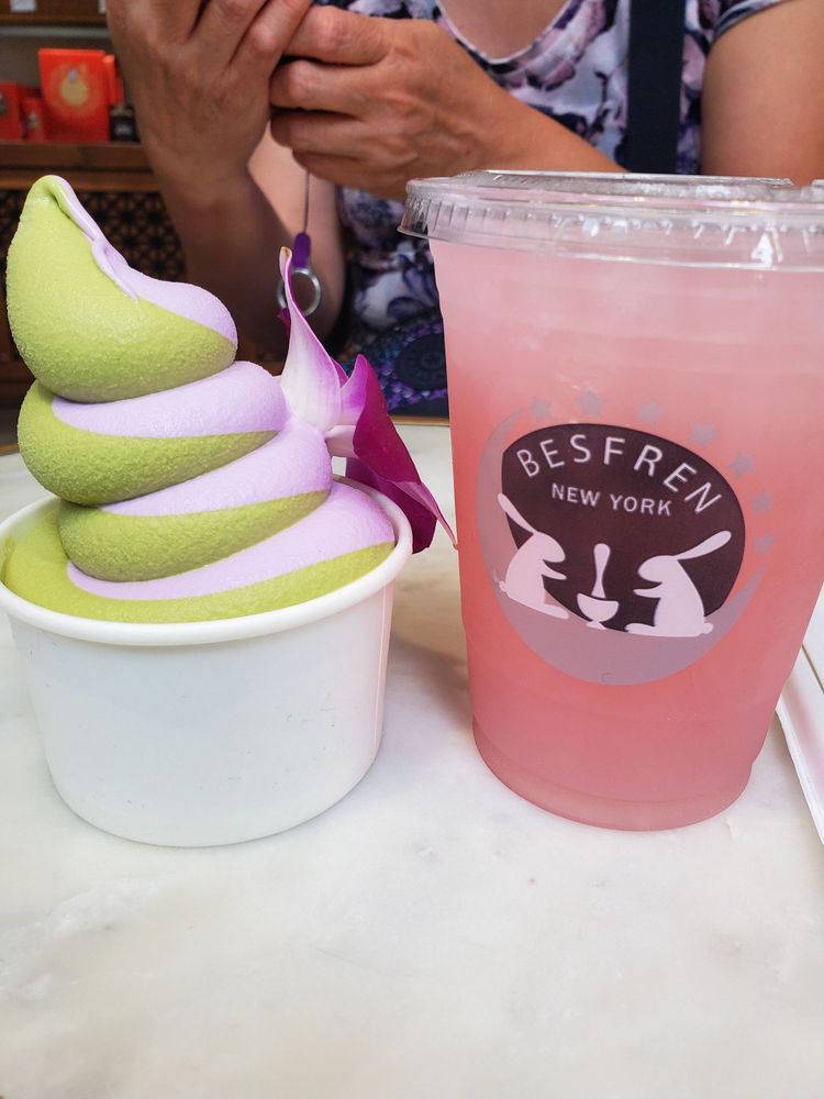Photo of Besfren - New York, NY, United States. Matcha and Taro Soft Serve (Left) and Pink Rose Lemonade (Right)
