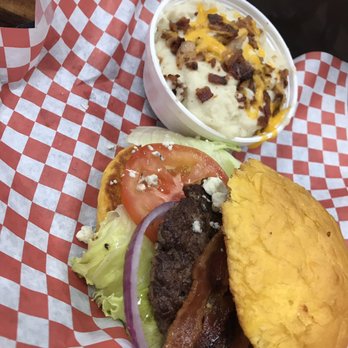 Chubby’s Cafe - Blue Cheese Burger with mashed potatoes. - Salad Near Me - Vineyard, Utah Chubby’s Cafe - Blue Cheese Burger with mashed potatoes. - Salad Near Me - Vineyard, Utah
