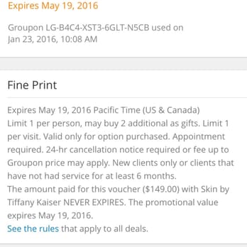 Skin by Tiffany Kaiser - This is what the Groupon Promo Fine Print looks like FYI. It is confusing - Skin Care Near Me - Napa, California