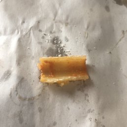 a piece of pasta cut in half to show how undercooked it is a piece of pasta cut in half to show how undercooked it is