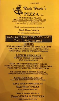 Menu photo 8 Uncle Howie's Pizza Redlands, CA