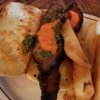 Beef & Brew - Mesquite Smoked Beef Brisket sandwich with side of steak fries (Close-up) - New American Near Me - Geneva, New York