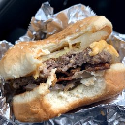 Little Bacon Cheeseburger with Griddled Onions, Griddled Mushrooms, lettuce, and hot sauce. Little Bacon Cheeseburger with Griddled Onions, Griddled Mushrooms, lettuce, and hot sauce.