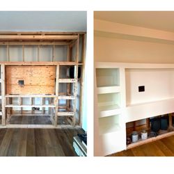Angels Mission Drywall - Client wanted us to frame a new wall with some shelves for his tv. Drywalled, taped & finished with a level 5 smooth. No texture just paint.