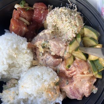 OG Poke - Teri ginger, spicy avo furi, spicy aioli with pickled cucumbers and spicy crab and broccoli salad as sides. - Poke Near Me - Eugene, Oregon