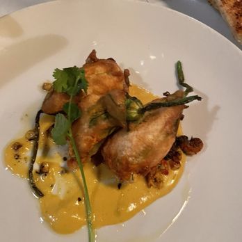 Zacatlán Restaurant - Squash Blossoms - Crayfish, mascarpone cheese, roast corn, curry sauce - Mexican Near Me - Santa Fe, New Mexico