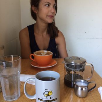 Sleepy Bee Cafe - Blue Ash - Hazelnut latte with almond milk meets chai with almond milk in the iconic Sleepy Bee mug! - Breakfast & Brunch Near Me - Blue Ash, Ohio