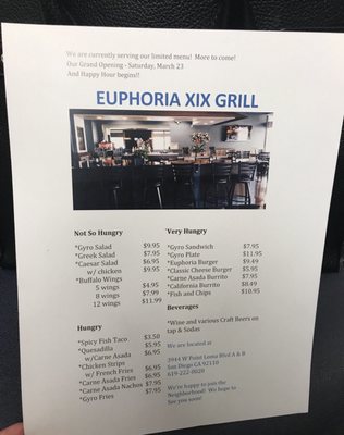 Photo of Euphoria XIX Grill - San Diego, CA, US. Soft opening... menu so far.