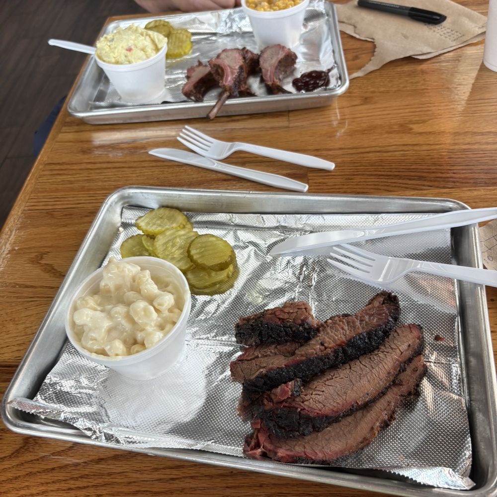 Alzer's BBQ - 1/3 brisket plate and side of Mac and cheese with pickles & a half a rack of lamb with sides of potato salad and creamed corn. - Barbeque Near Me - Cedar Park, Texas Alzer's BBQ - 1/3 brisket plate and side of Mac and cheese with pickles & a half a rack of lamb with sides of potato salad and creamed corn. - Barbeque Near Me - Cedar Park, Texas