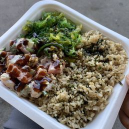 Wasabi pistachio poke, brown rice with furikake, seaweed salad