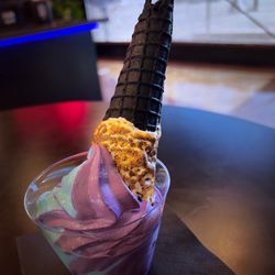 ONYX Ice Cream - SeaSalt + Ube swirl, in a cup, topped with blow torched (literally) marshmallow onyx waffle cone, how I like to order my dessert