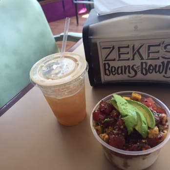 Zeke's - Sweet and spicy Poké bowl w/ sliced avocado and rice. Pear, strawberry, mint juice...so delish - Coffee & Tea Near Me - Norfolk, Virginia Zeke's - Sweet and spicy Poké bowl w/ sliced avocado and rice. Pear, strawberry, mint juice...so delish - Coffee & Tea Near Me - Norfolk, Virginia