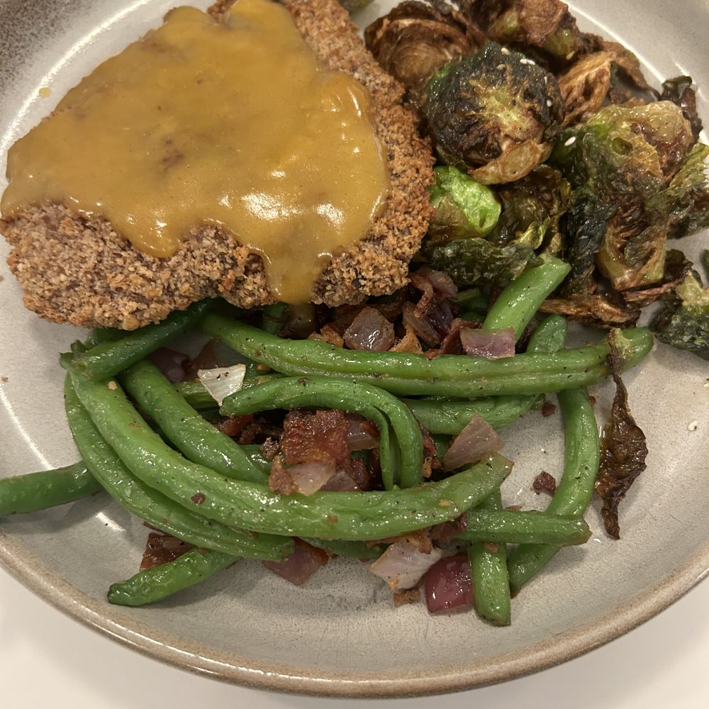 Adair Kitchen - Pecan crusted chicken with a side of Brussel sprouts and green beans. - Breakfast & Brunch Near Me - Houston, Texas Adair Kitchen - Pecan crusted chicken with a side of Brussel sprouts and green beans. - Breakfast & Brunch Near Me - Houston, Texas