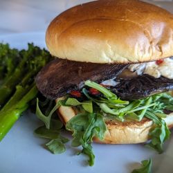 Estelle Public House - Roasted Portobello - Marinated mushroom, Welsh rarebit, roasted red pepper, arugula.