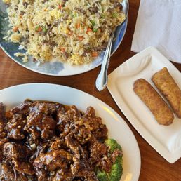 Orange beef, beef fried rice and chicken egg rolls!