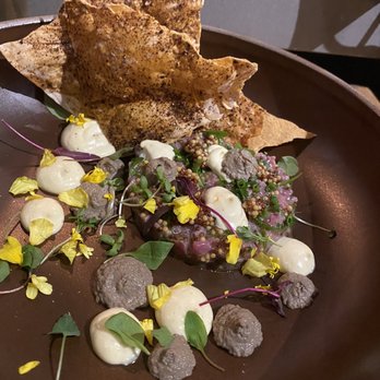 Cultura - Lam Lamb Tartare, Mushroom, Uni, Fall Onions, Black Garlic Toast* - Cocktail Bars Near Me - Asheville, North Carolina Cultura - Lam Lamb Tartare, Mushroom, Uni, Fall Onions, Black Garlic Toast* - Cocktail Bars Near Me - Asheville, North Carolina