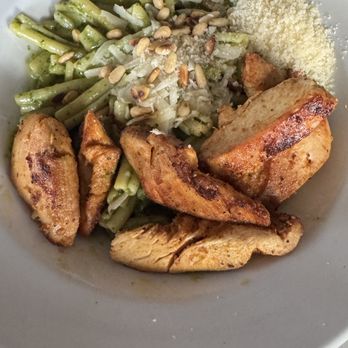 Buona Forchetta - Gluten free Pesto pasta with added sliced chicken. - Italian Near Me - San Diego, California Buona Forchetta - Gluten free Pesto pasta with added sliced chicken. - Italian Near Me - San Diego, California