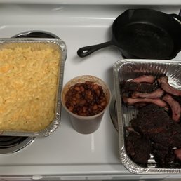 Mac and cheese, bourbon baked beans, pork ribs