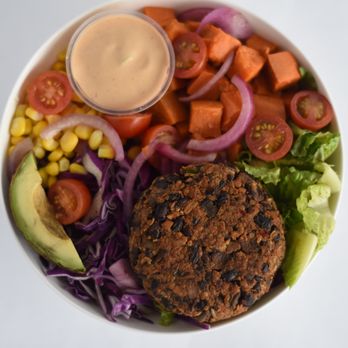 Rappit Up! - a bowl of vegetables and a burger - Vegan Near Me - Fresno, California