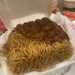 Orange chicken chow mein and rice