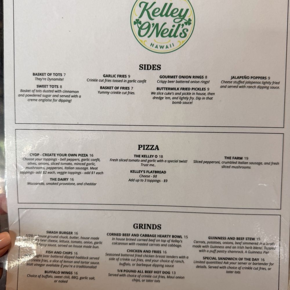 Kelley O'Neil's - Menu - Music Venues Near Me - Honolulu, Hawaii