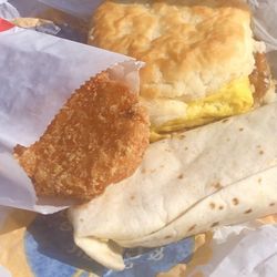 Mcdonalds - Hash browns, Sausage Burrito & Egg, Cheese & Sausage Biscuit.