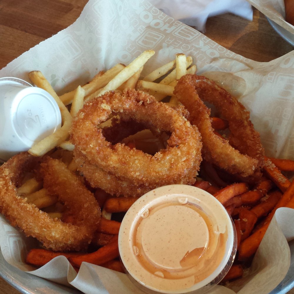 Hook Burger - Onion rings, sweet potato fries and fries order. Enough for two or three, maybe four if u r not big eaters. - Burgers Near Me - Oxnard, California Hook Burger - Onion rings, sweet potato fries and fries order. Enough for two or three, maybe four if u r not big eaters. - Burgers Near Me - Oxnard, California