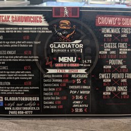 Menu - steak sandwiches, extras, and sides