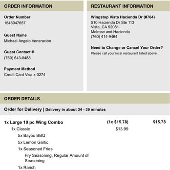 Wingstop - Prof that i order from wingstop. June 1 2021. And its 10:00pm my order still no show. - Chicken Wings Near Me - Vista, California Wingstop - Prof that i order from wingstop. June 1 2021. And its 10:00pm my order still no show. - Chicken Wings Near Me - Vista, California