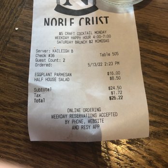 Noble Crust - Lunch overpriced and won't return.  No salad another $8.50+ Eggplant Parmesan - Italian Near Me - Wesley Chapel, Florida