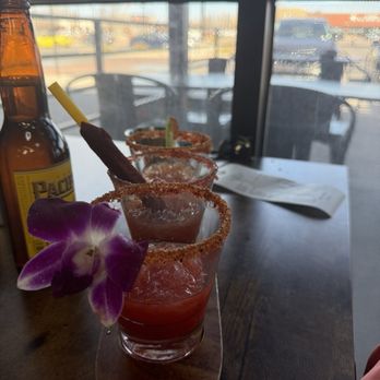 Miches - Michelada flight with an edible Flower beautiful! - Tacos Near Me - Albuquerque, New Mexico