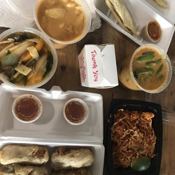 US Thai Cafe - Our dinner order: chicken satay, panang curry, pad Thai, massaman curry, jungle curry and two orders of egg rolls - Thai Near Me - Edgewater, Colorado