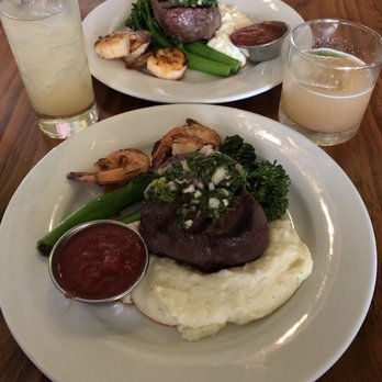 Cowfish - Blue-rare top sirloin w/chimichuri, grilled prawns atop creamy/Parmesan polenta, steamed broccolini. Yummmmmy!! - Seafood Near Me - Lander, Wyoming Cowfish - Blue-rare top sirloin w/chimichuri, grilled prawns atop creamy/Parmesan polenta, steamed broccolini. Yummmmmy!! - Seafood Near Me - Lander, Wyoming