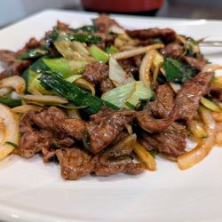 Lamb with leeks, cilantro in hot bean sauce. $18.95. Under "Turf" section of menu.