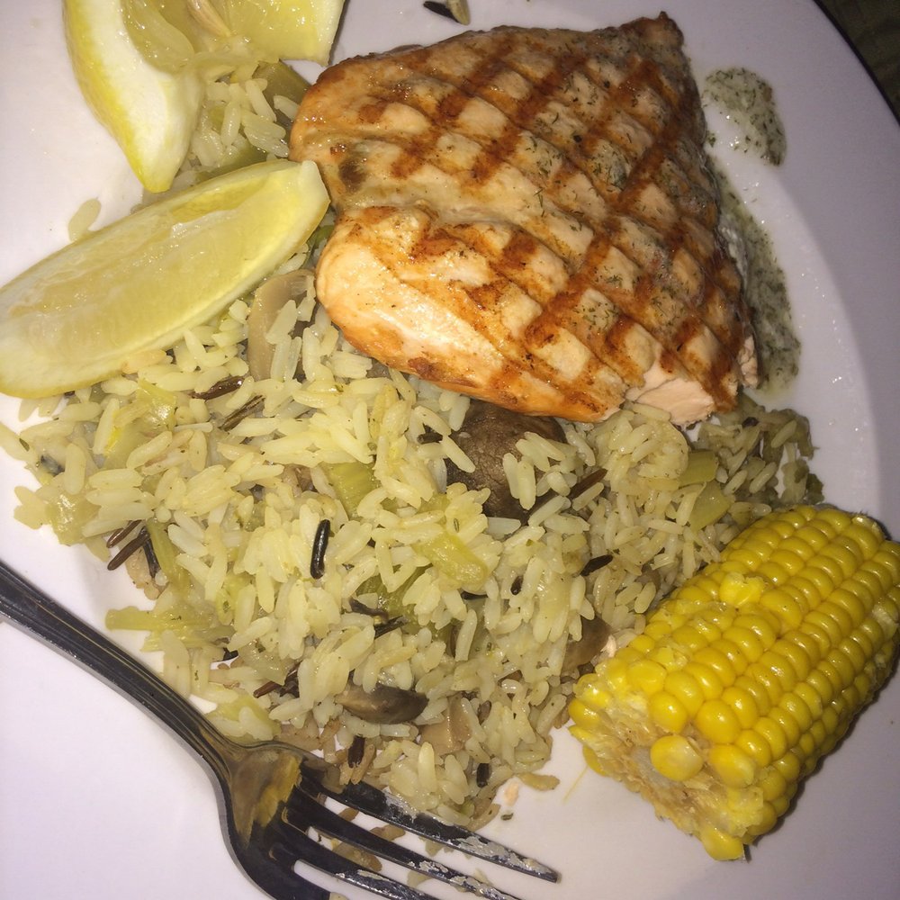 Rustler's Rooste - Salmon with brown rice and corn on the cob. Really tender and flavor. - Steakhouses Near Me - Phoenix, Arizona Rustler's Rooste - Salmon with brown rice and corn on the cob. Really tender and flavor. - Steakhouses Near Me - Phoenix, Arizona