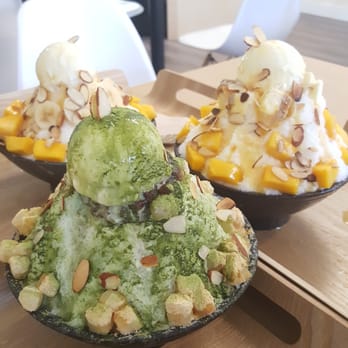 Sulmida Dessert Cafe - Front: Green Tea Bingsoo  Back Left: Mango Banana  Back Right: Mango Cheese  All of them are full size - Desserts Near Me - Burnaby, British Columbia