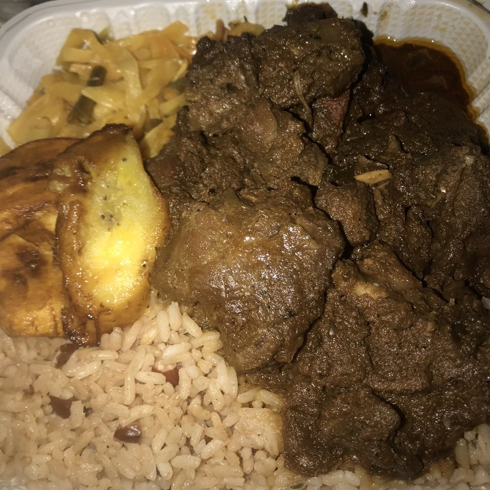 Stew chicken plantain cabbage