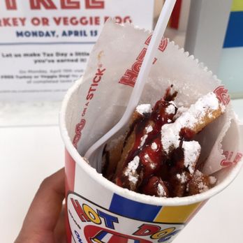 Hot Dog on a Stick - Yummy funnel sticks w chocolate & strawberry drizzled 4.15.19 - Fast Food Near Me - Cerritos, California Hot Dog on a Stick - Yummy funnel sticks w chocolate & strawberry drizzled 4.15.19 - Fast Food Near Me - Cerritos, California