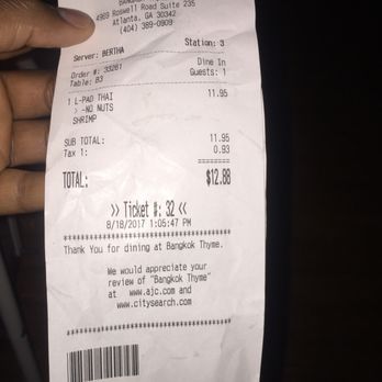 Bangkok Thyme - Check your receipt. Prices do not match their menu ($8.95 for lunch pad Thai). O_o - Thai Near Me - Atlanta, Georgia