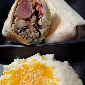Cabo Fish Taco - Epic Tuna Burrito with a side of Cheddar Jalapeno Mash - Latin American Near Me - Charlotte, North Carolina Cabo Fish Taco - Epic Tuna Burrito with a side of Cheddar Jalapeno Mash - Latin American Near Me - Charlotte, North Carolina