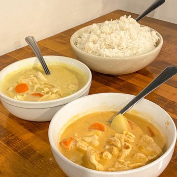 Sabaidee Thai Cuisine - Massaman Curry (front), Yellow Curry (middle), Rice (back). - Thai Near Me - Lehi, Utah