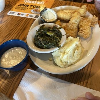 Cracker Barrel Old Country Store - U.S. Farm-Raised Fried Catfish - 2 Pieces, Turnip Greens, Mashed Potatoes with Sawmill Gravy. **FRIDAY ONLY** Fish Fry - American Near Me - Conroe, Texas